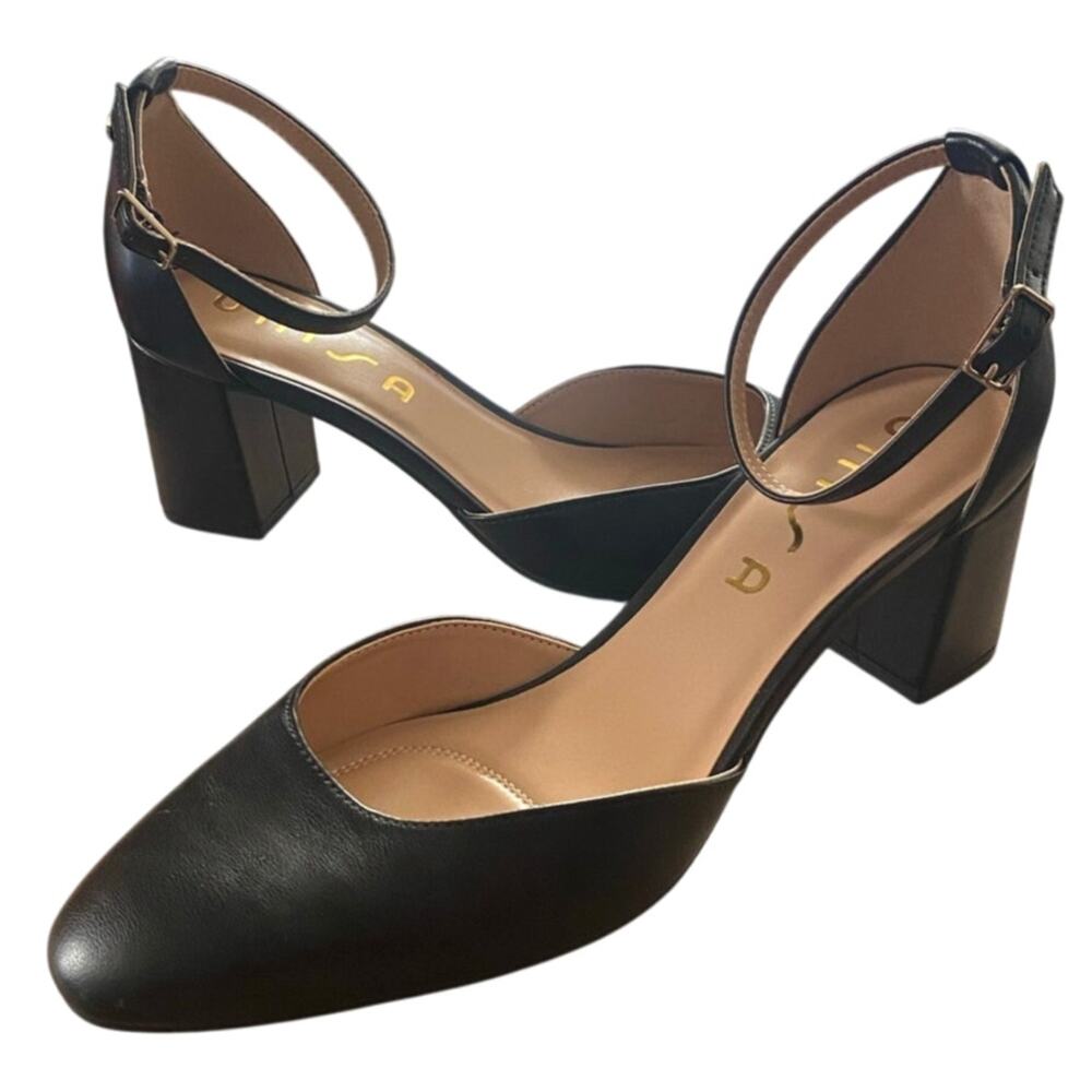 Unisa Womens Chunky Heel Sandals 9M Black Faux Leather Formal Ankle Strap